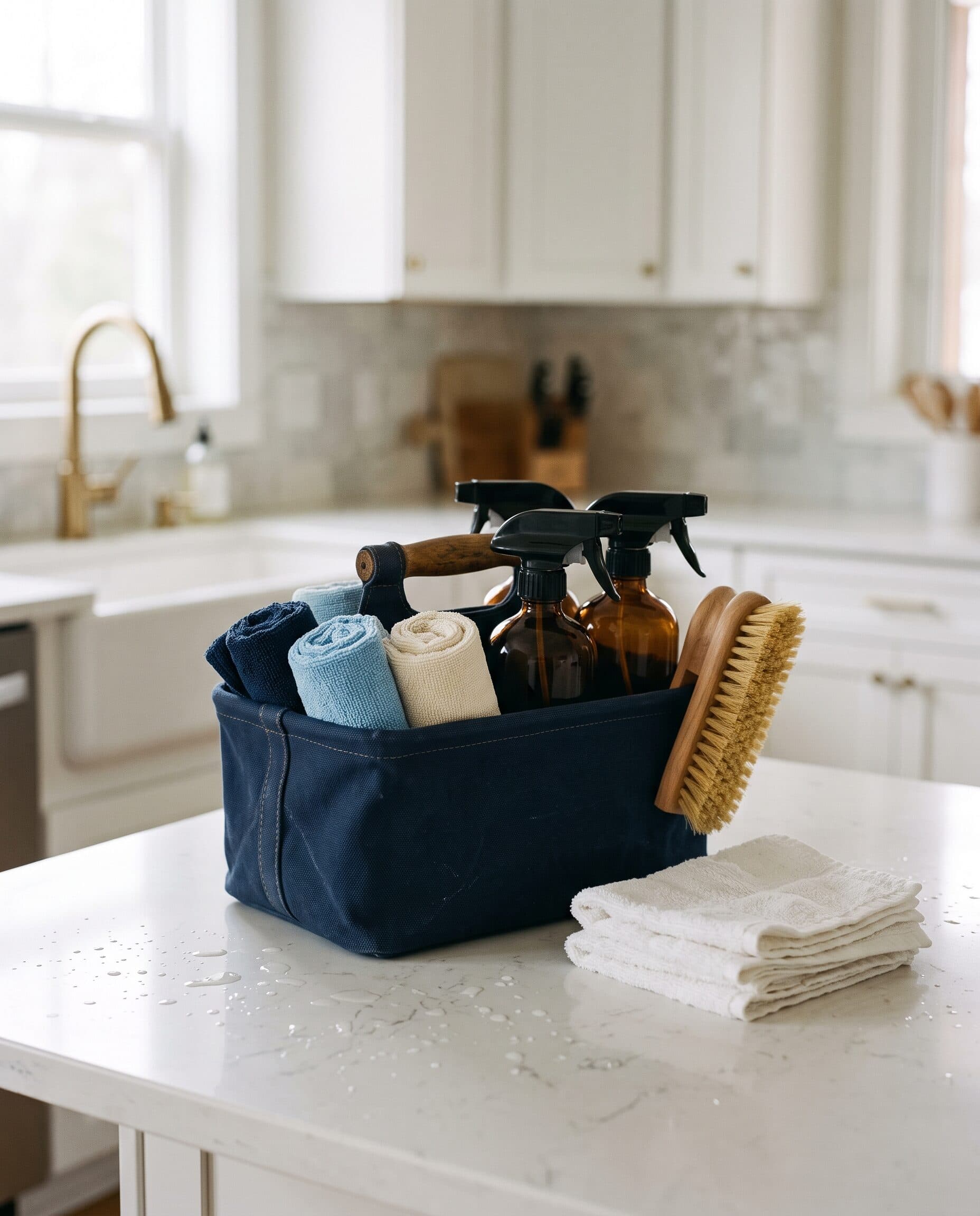A navy cleaning caddy with rolled microfiber cloths and spray bottles on a clean kitchen counter